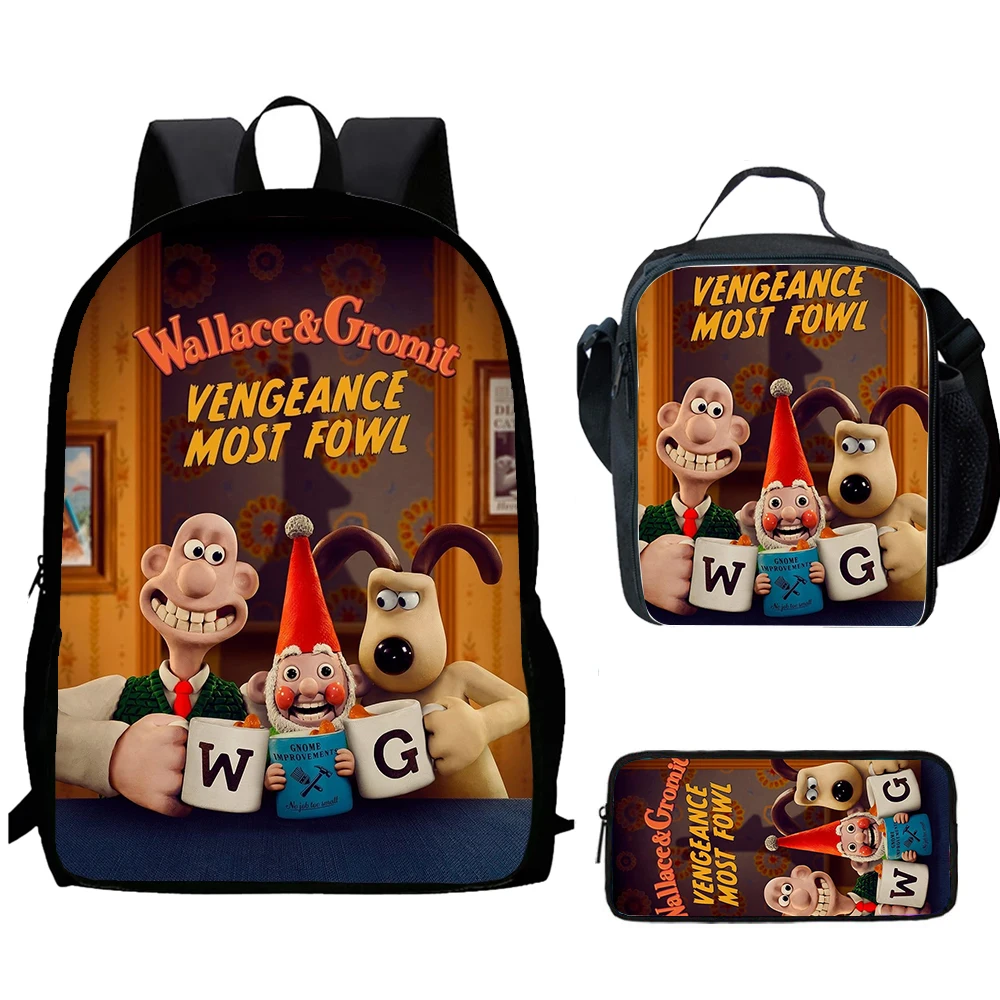 W-Wallace and Gromit  Cartoon 3 pcs set Child School Backpack with Lunch Bags ,Pencil Bags  School Bags for Boys Girls Best Gift