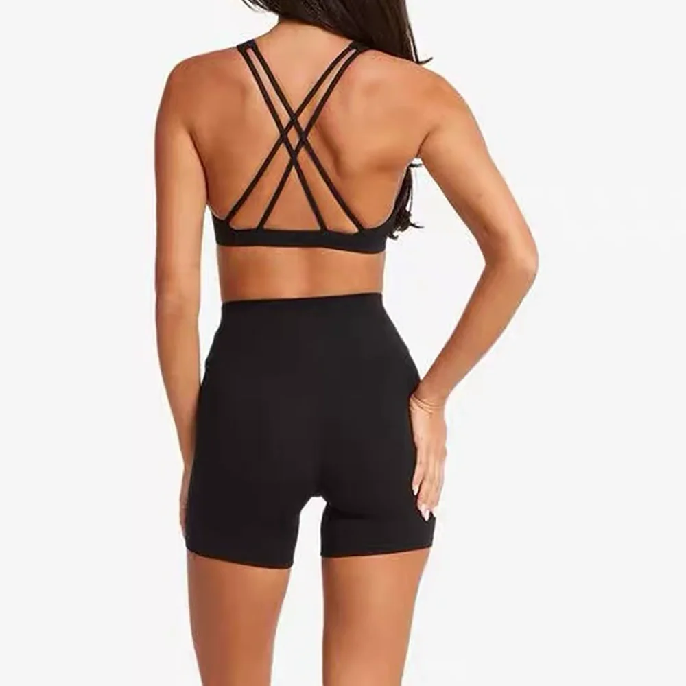 Women's 2-Pcs Crew Neck Yoga Sports Bra with Built-in Pads Cross-Back Running Fitness Bra Naked Feel Fashion Unique Sports Wear