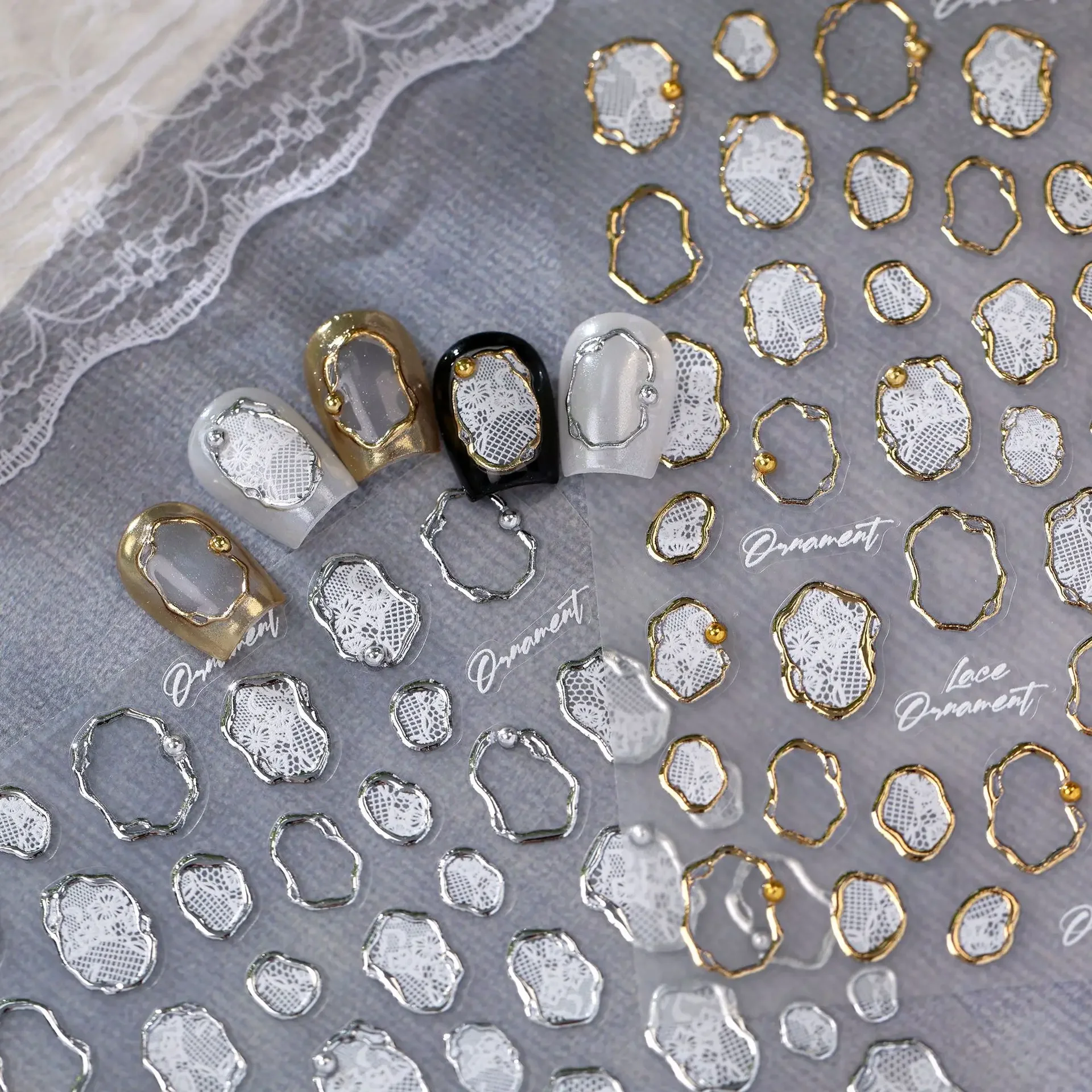 Gold Silver Irregular Frame White Flora Lace Metal Bead 5D Vintage Nail Art Stickers Embossed Manicure Decals DIY Nail Decor