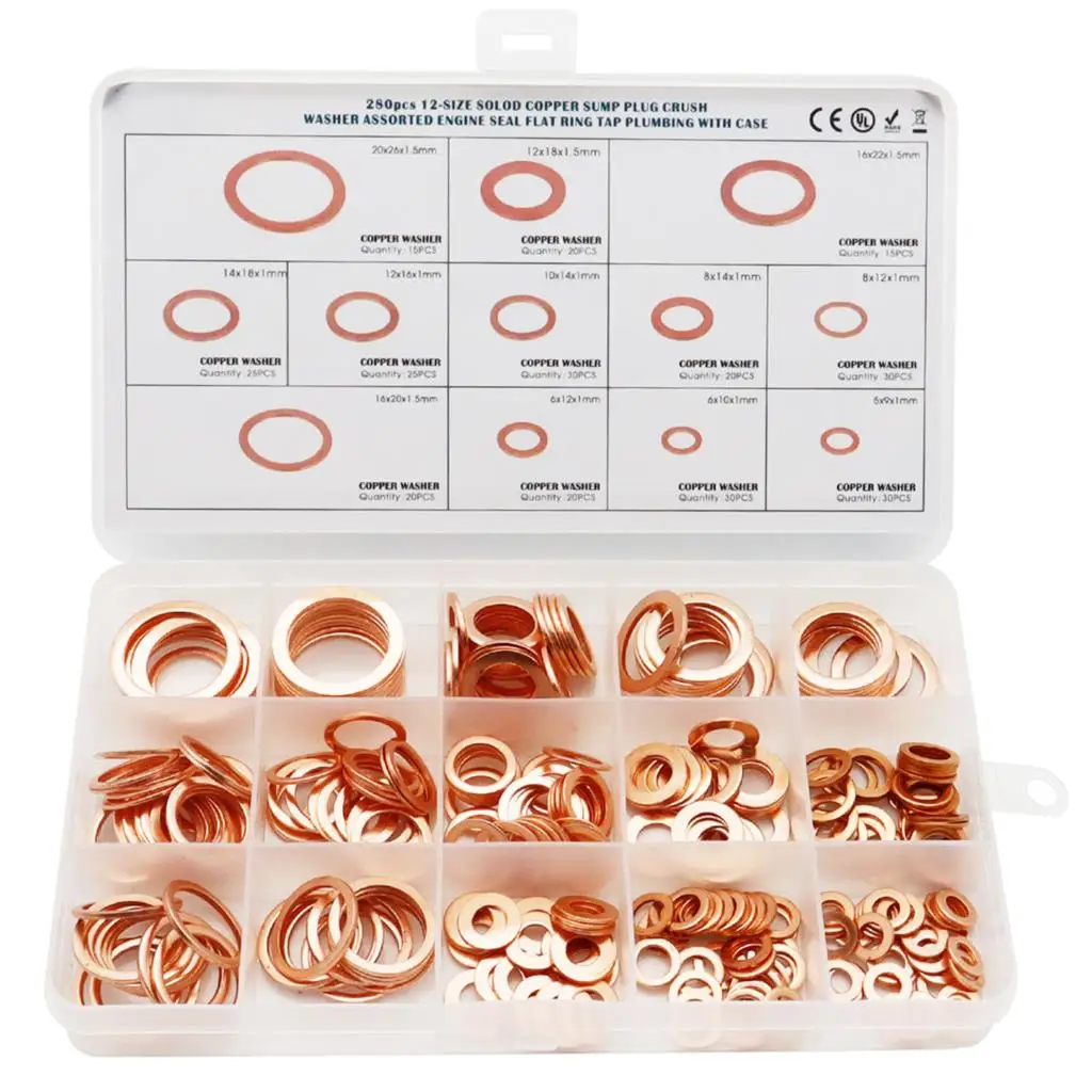 300/280/200 Pcs Copper Washer Gasket Nut Bolt Flat Seal Sealing O Ring Solid Gasket Assortment Kit Engine Oil Gasket Sump Plug