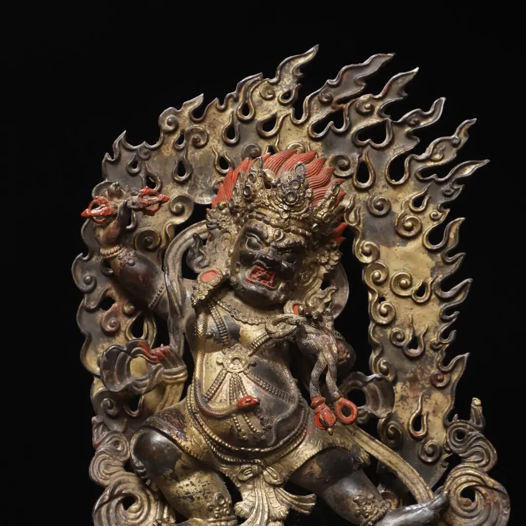 Antique Brass Mahakala Wealth God Vajrapani Statue Gold Plated Home Buddhist Altar Table Decor Worship