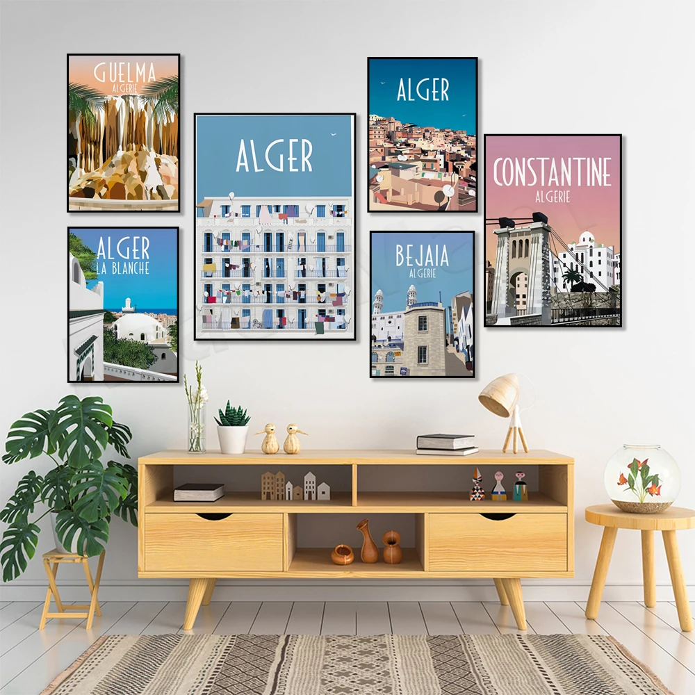 Affiche d'art de voyage des rues d'Algérie, Bejaia, Algiers, Constantine, Tlemcen, Tizi Ouzou