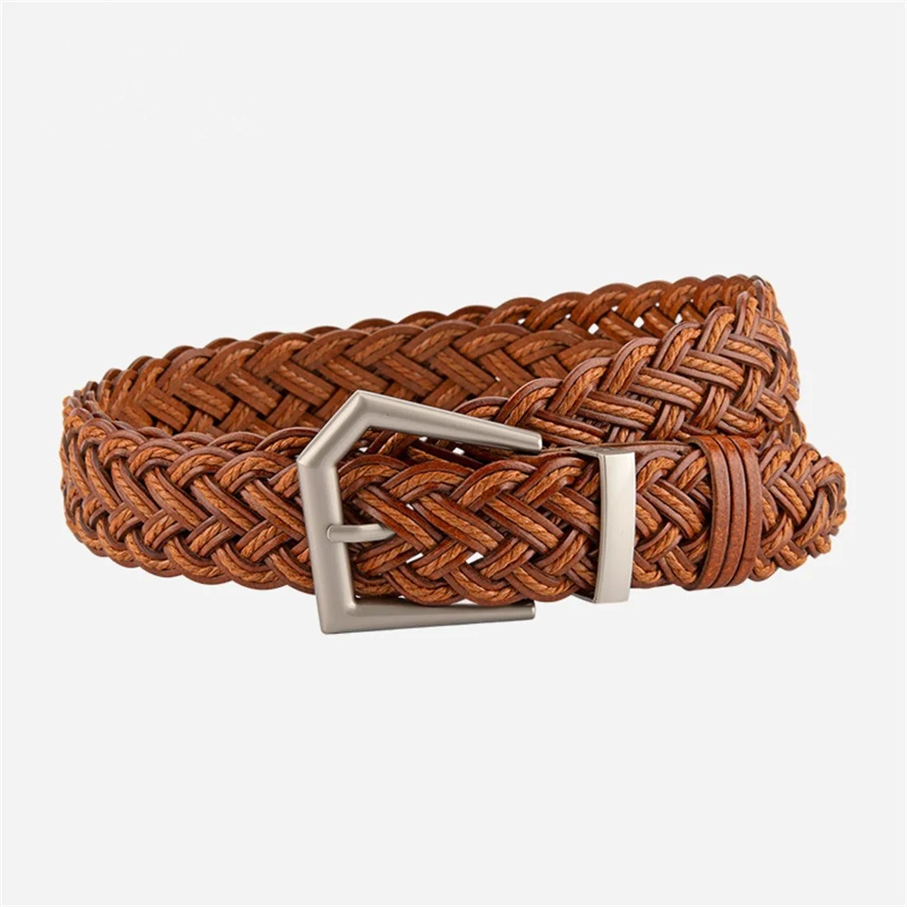 Genuine Leather Braided Belt for Women Retro Trendy Punch-free Waistbelt Metal Buckle Belts for Casual T-shirt Trousers
