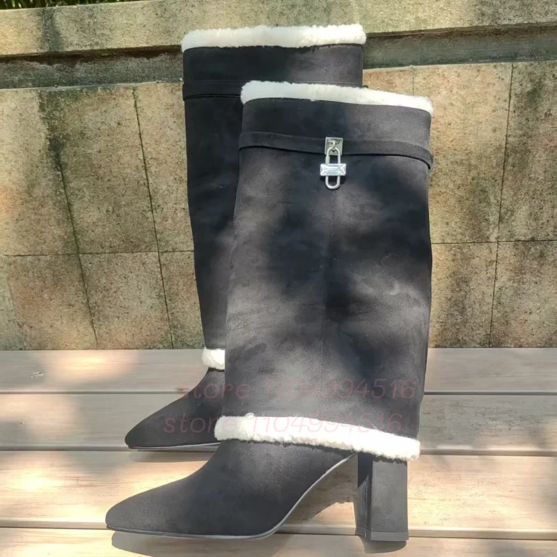 Plush Trim Metal Buckle Pointed Boots Women Black White Chunky Heel Knee High Boots Autumn Winter Fashion Elegant Woman Shoes