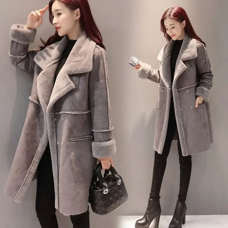 Suede OutCoat Women Winter New Plus Fleece Thick Parkas Medium Long Fur One Lamb Fleece Cotton-padded Coat Wysokiej jakości kurtki