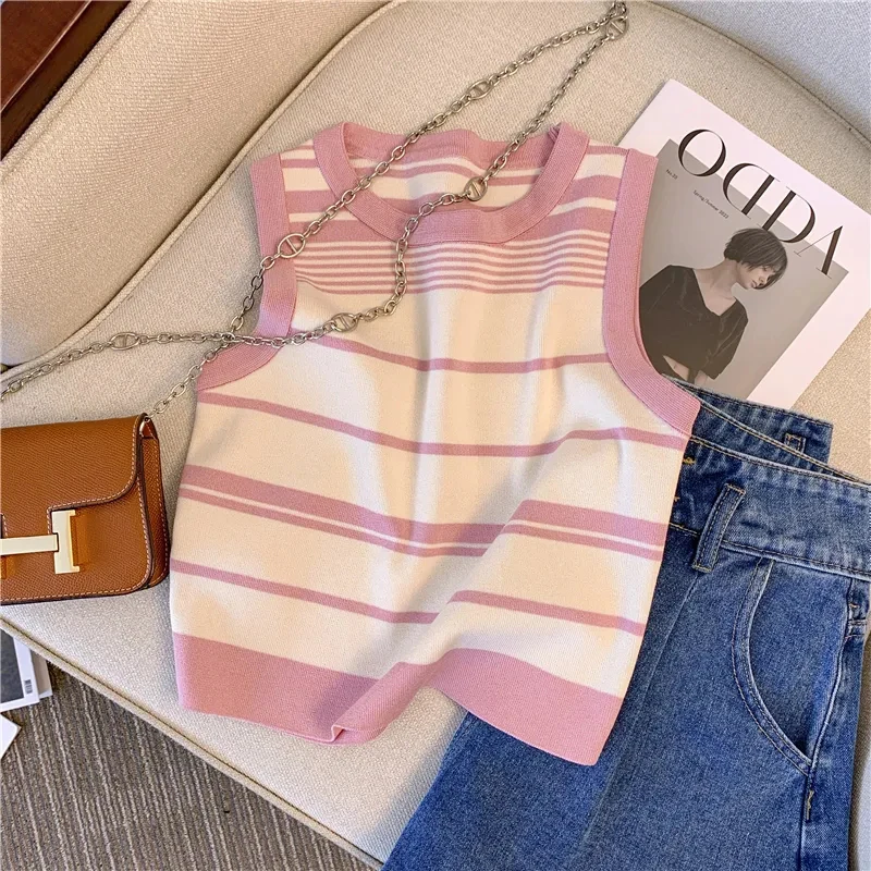 Summer Ice Silk Women Camis Korean Retro Striped Sleeveless Knitted Vest Harajuku Thin All Match Crop Tank Female