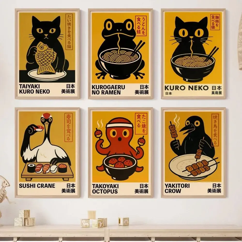 Vintage Japanese Food Animal Paper Poster Black Cat Frog Octopus Sushi Ramen Retro Ukiyo-e Style Kitchen Wall Decor Unframed