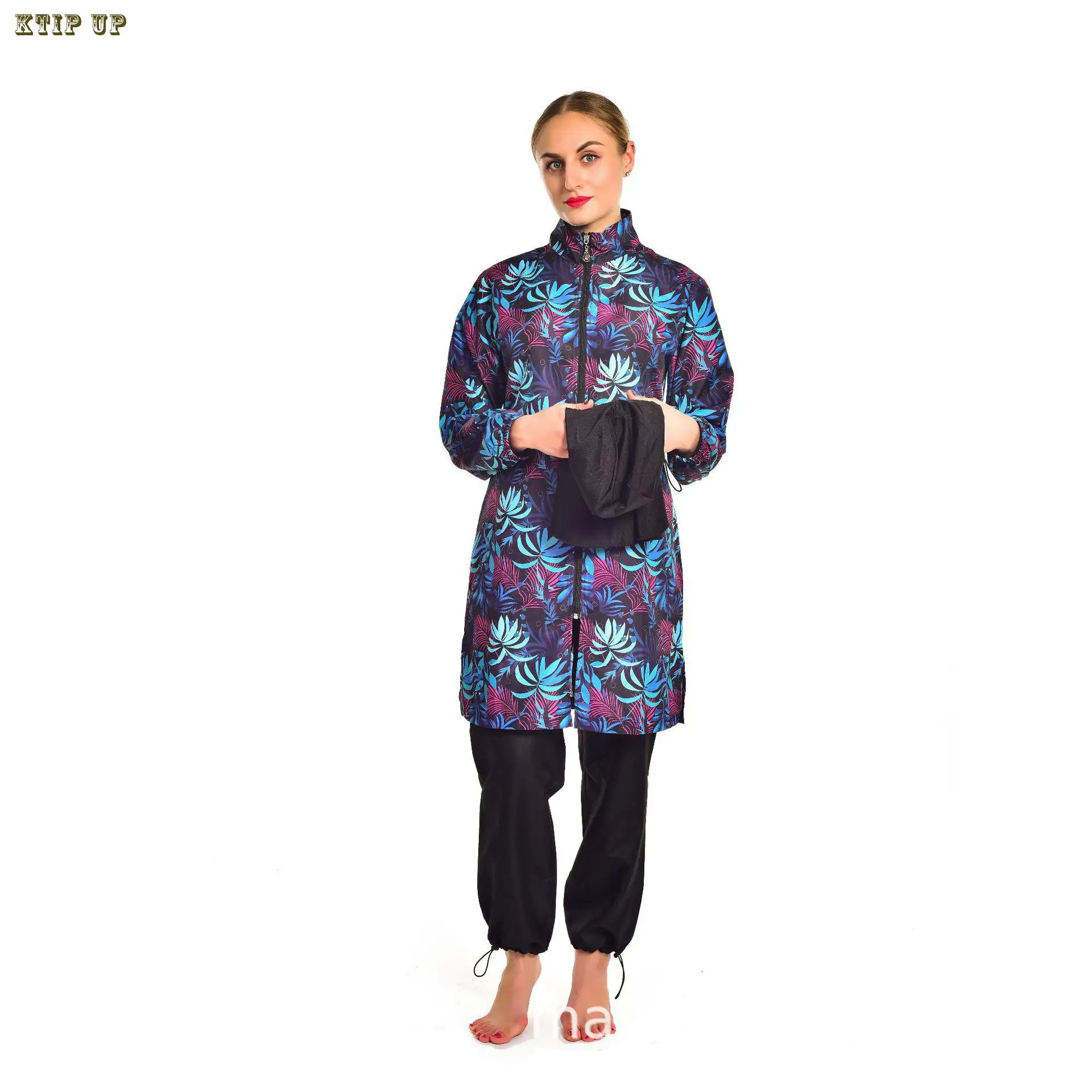 Dubai 3 Pcs/set Muslim Swimwear Women\'s Printed Solid Color Patchwork Hijab Long Sleeve Sports Islamic Burkini Wearing Swimwear