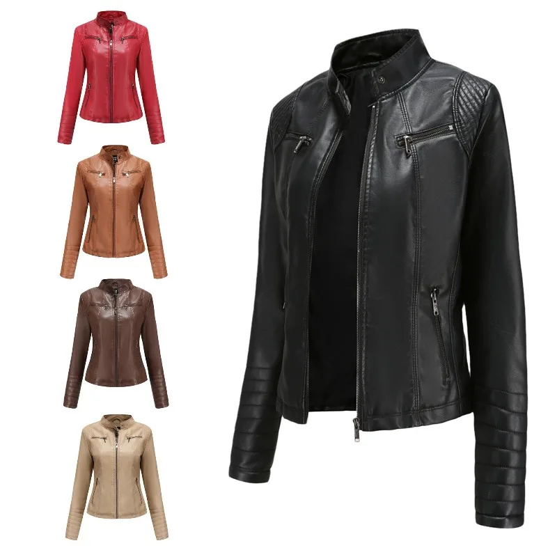 

Women's Slim Leather Jacket, Stand-up Collar, Zipper Stitching, Monochromatic Coat, Fashion Clothing, New