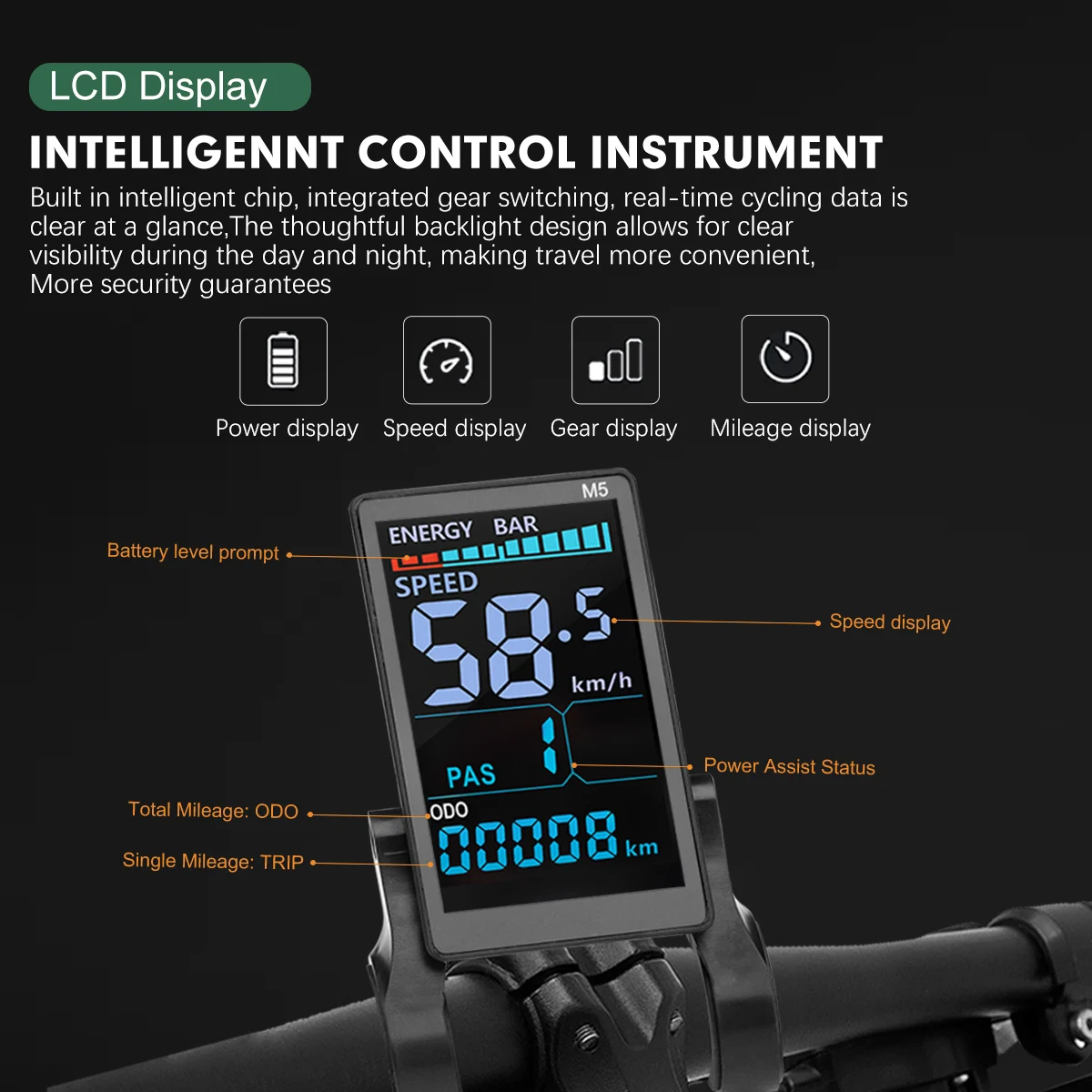 Ebike موجة جيبية 17A-60A وحدة تحكم ثلاثية الأوضاع مع شاشة LCD ملونة M5 لملحقات مجموعة تحويل الدراجة الكهربائية 250 واط-3000 واط