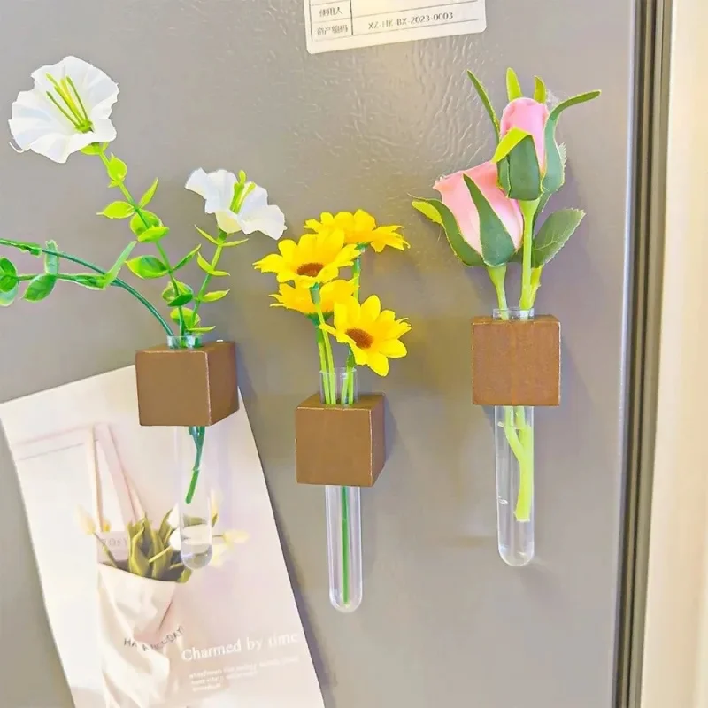 6/1Set Small Magnetic Vase Wooden Plastic Tube Set DIY Flower Arrangement Vase Refrigerator Sticker Home Kitchen Decoration Vase