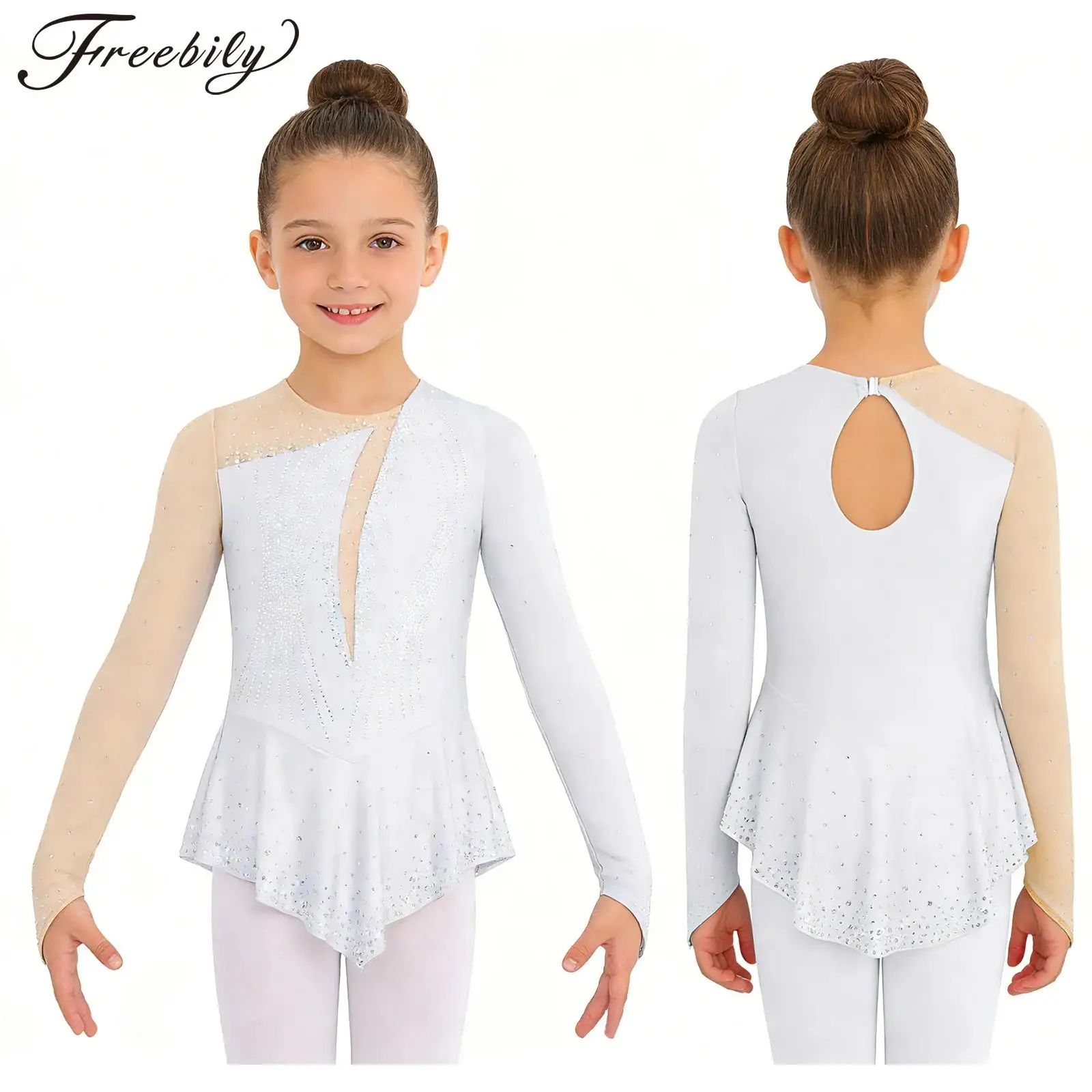 

Детский костюм для фигурного катания, гимнастики, акробатики, балета и танцев, с длинными рукавами, сетчатый, со стразами, платье-трико