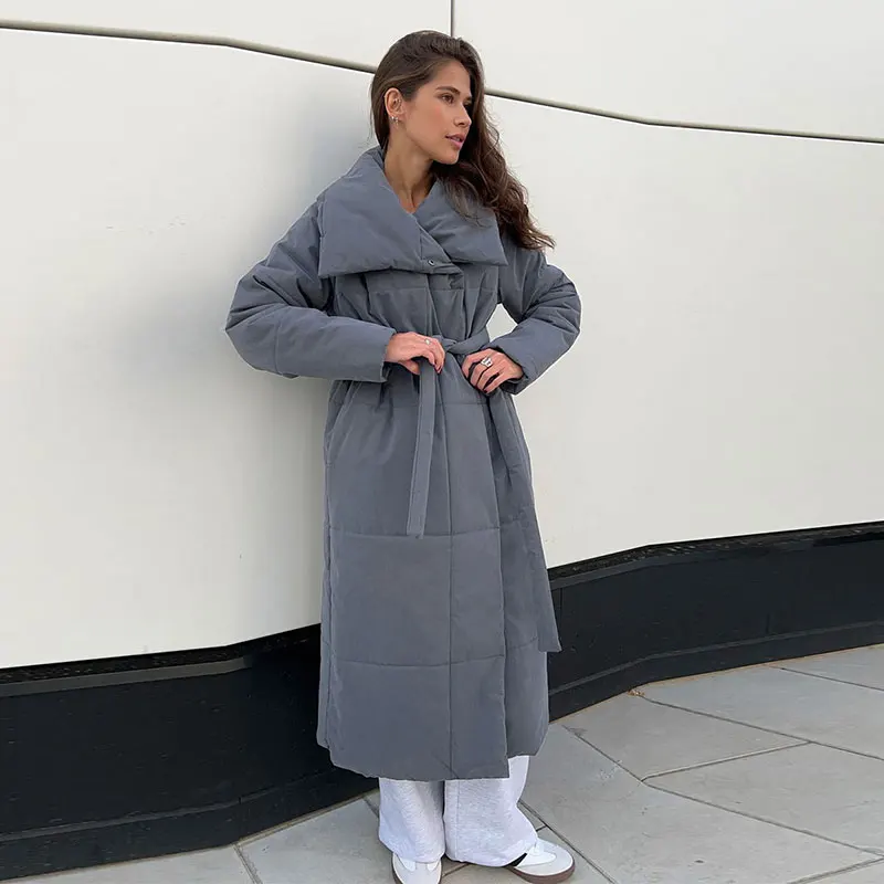 

Long Cotton-Padded Jacket For Women 2025 Winter New Style Casual Stand-Up Collar Belt Slimming Thickening Warm OverCoat Female