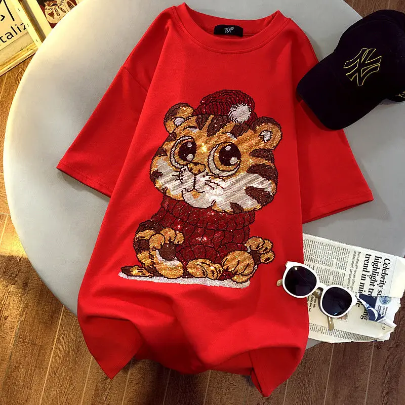 High Quality New Product Summer Women T Shirt Fashion Female Tees Hot Drill Harajuku Cartoon Wearing A Scarf Tiger Tops Girl