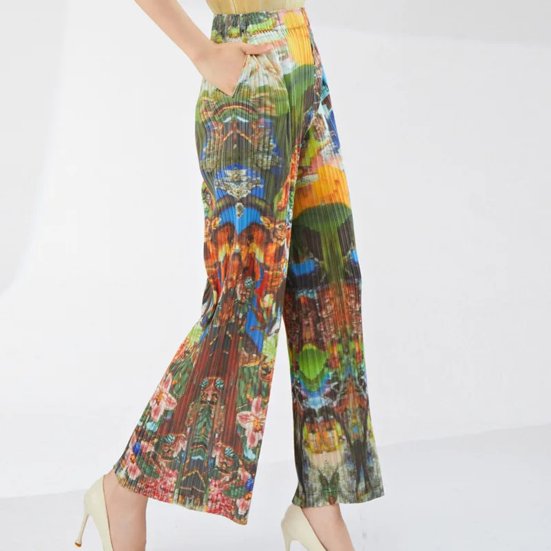 Geometric Print Pattern Women Pleated High Waisted Casual and Fashion Loose Oversized Elastic Female Pants 2026 Spring New