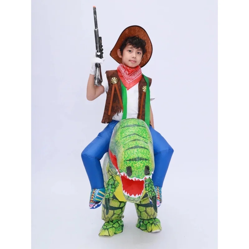 Kids Child T Rex Dinosaur Inflatable Costume Cosplay Cowboy Ride Dinosaur Halloween Purim Inflated Garment Disfraces 3D Print MN