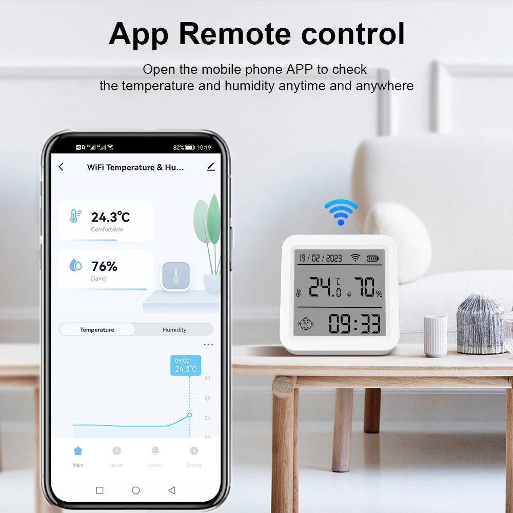 Sensor de Temperatura e Umidade Inteligente Tuya WIFI com Luz de Fundo, Termômetro Compatível com Smart Life, Alexa e Google Assistant