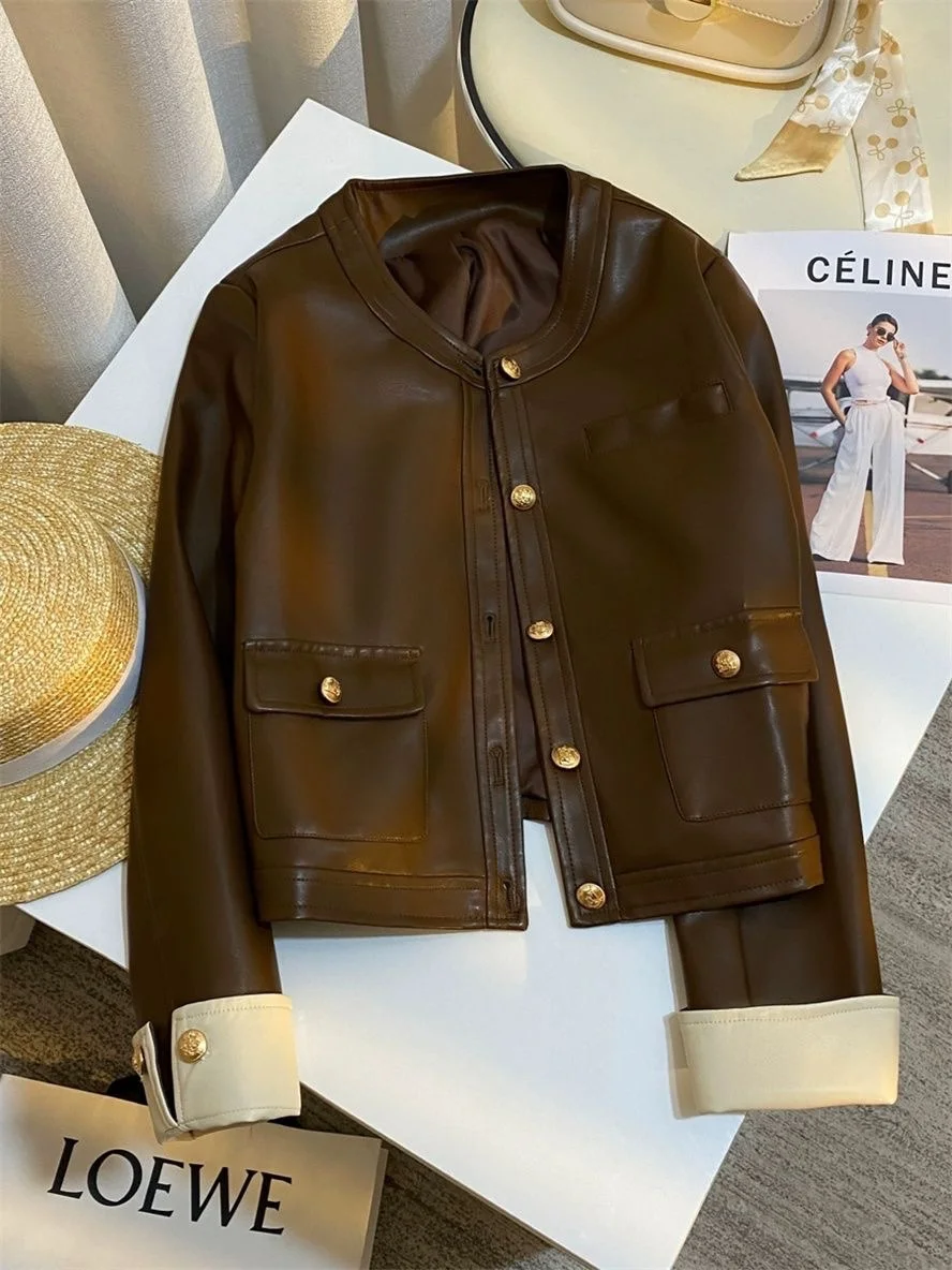 Spring Autumn Coffee Leather Jacket Women's Korean New Style Contrasting Color Design Short Coat Temperament Retro Jacket Top
