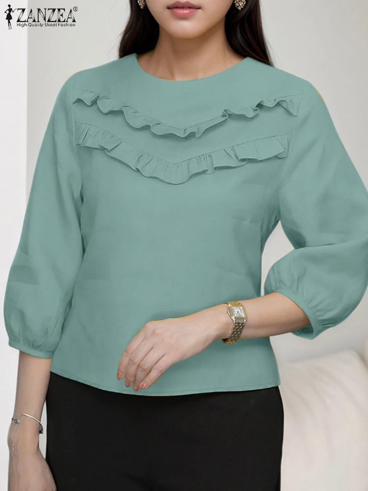 

ZANZEA Elegant OL Work Tunic Women 3/4 Sleeve Blouse Solid Tops Casual Loose Ruffled Tops 2025 Summer O-neck Blusas Oversized