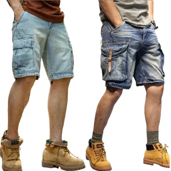 Summer Men's Loose Straight Leg Denim Shorts With Multiple Pockets, Outdoor Knee Length Jean Shorts