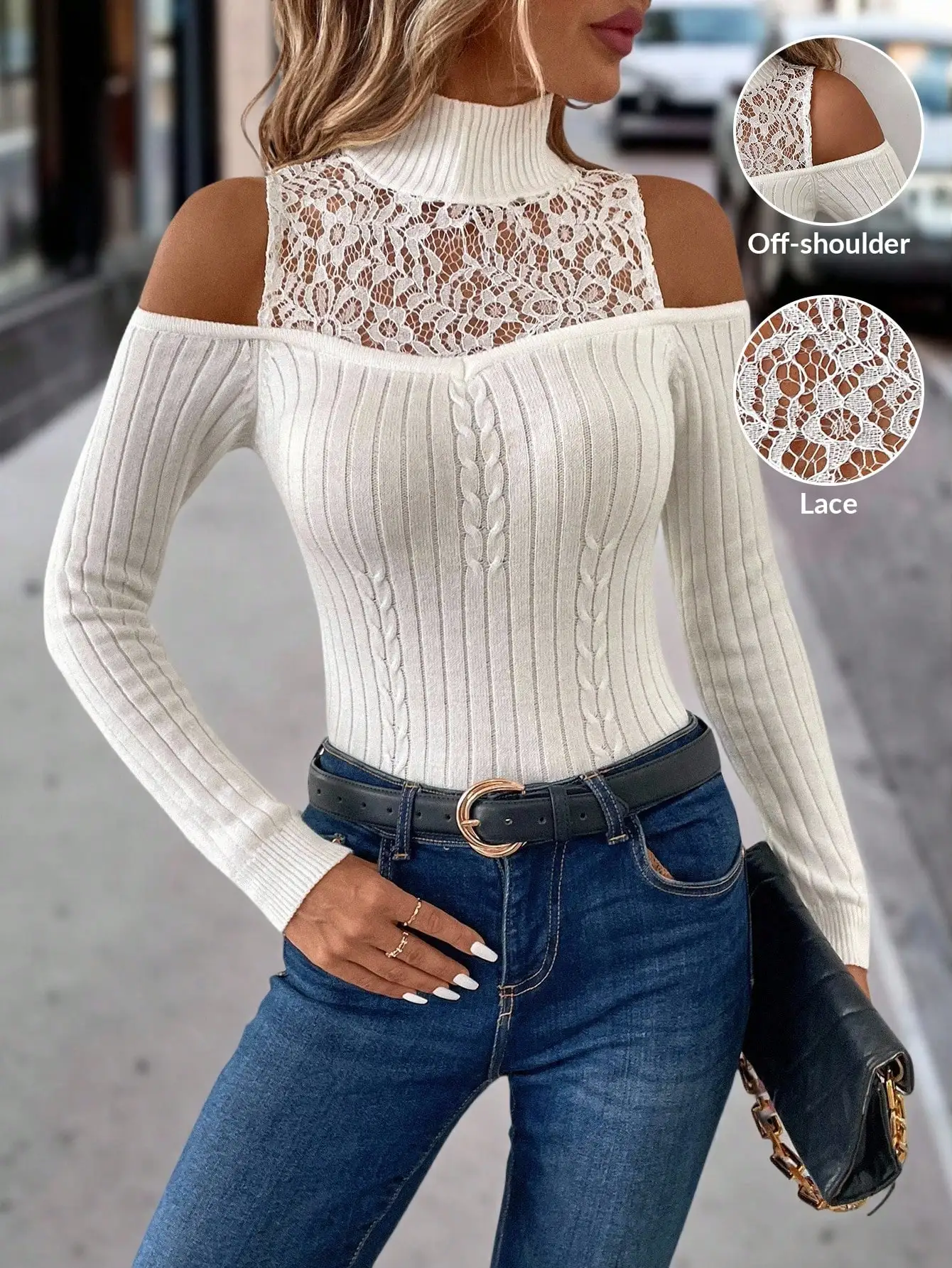 

Женский свитер с открытыми плечами, кружевными вставками и ребристой вязкой — сексуальный и элегантный для вечеринок, работы, выходов в свет