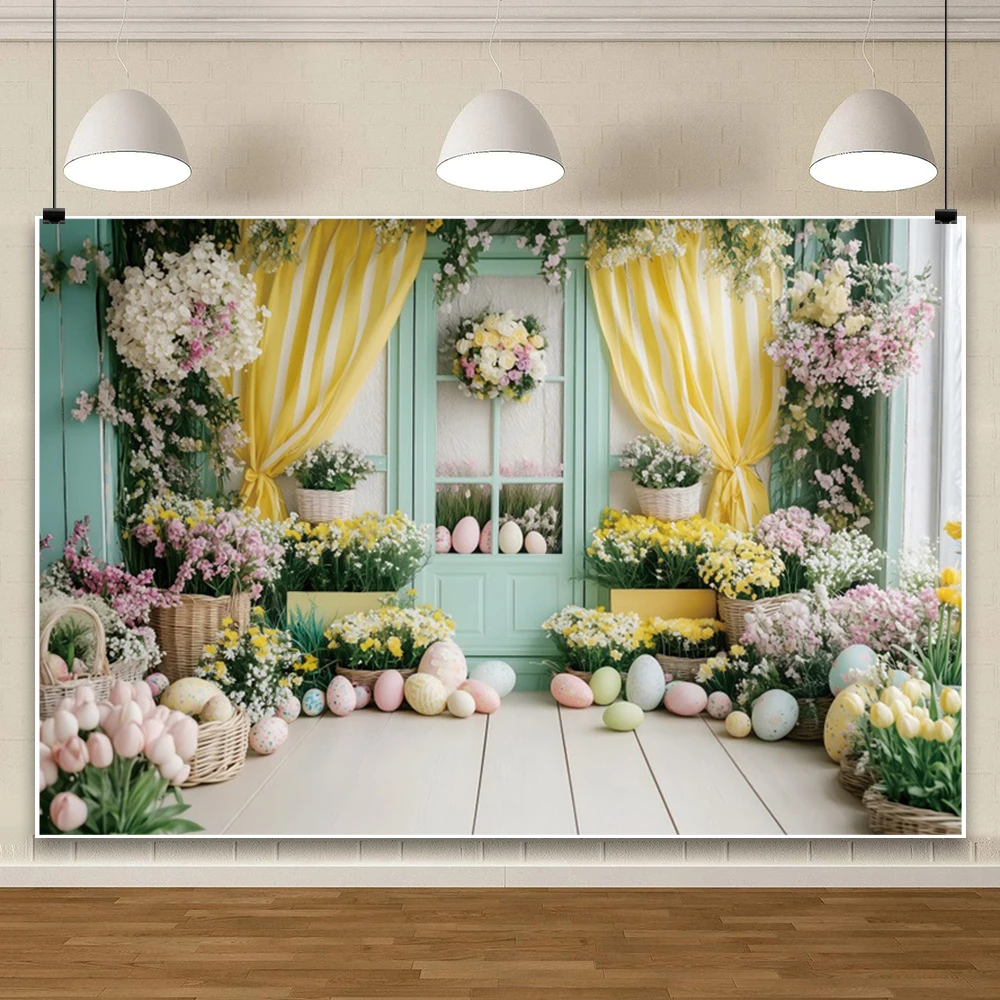 ปาร์ตี้อีสเตอร์ไข่การถ่ายภาพฉากหลังสนามหญ้ากระต่ายสวนสีเหลืองผ้าม่านหน้าต่าง Baby Shower ภาพพื้นหลัง Photo Studio Prop