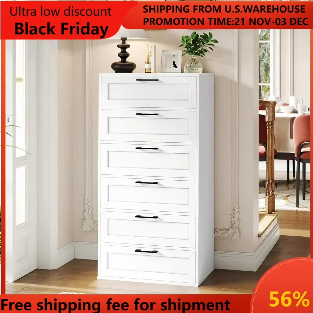 Dresser for Bedroom, White Dresser with 6 Drawers, Trapezoidal Design Dresser Chest of Drawers for Bedroom, Wood Tall Dressers