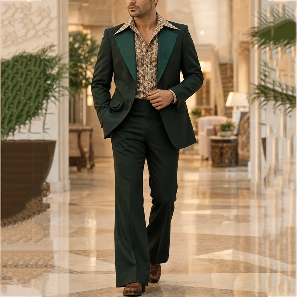 Vintage Men's Suit Contrast Notch Lapel Single Breasted Blazer Pants Male Outfit Business Casual Gentleman Tailored 2 Pieces