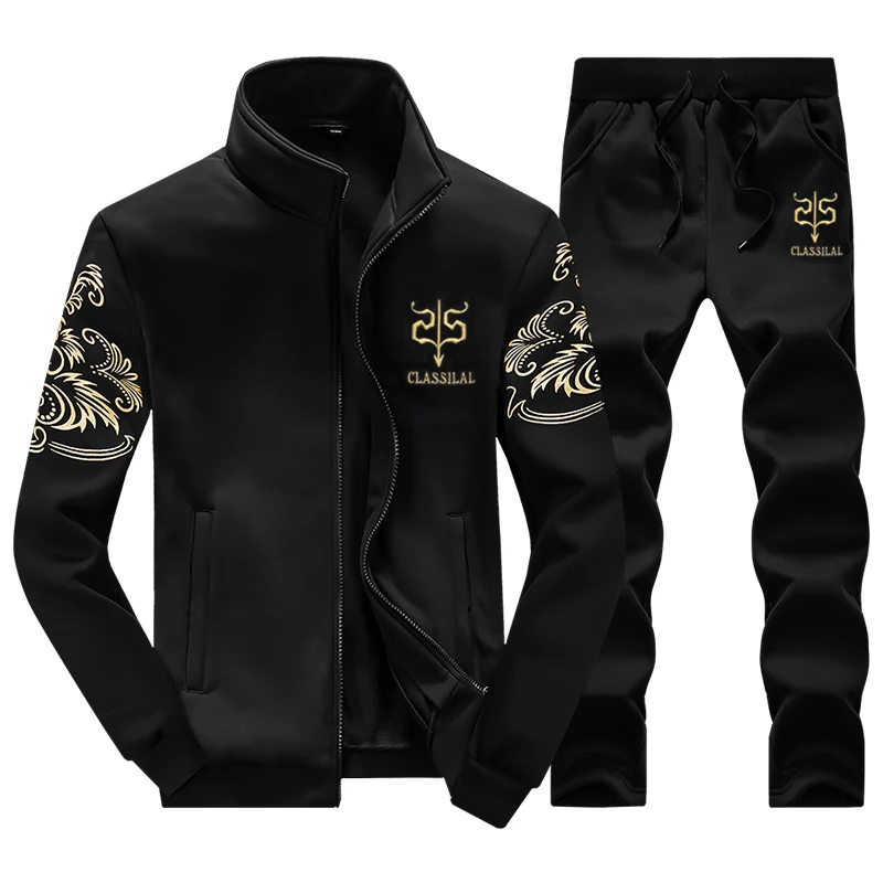 Plus Size Men 2 Pieces Tracksuit Golden Floral Print Stand Collar Zip Up Jacket Drawstring Jogger Pants Sports Outfit