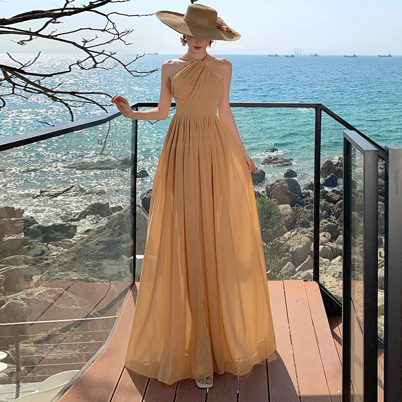 فستان صيفي فرنسي جديد أنيق للحفلات الراقصة فستان نسائي عتيق بدون أكمام مكشوف الأكتاف مثير بدون ظهر للعطلات فساتين ميدي