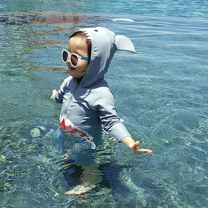 Boys Girls One-piece Swimsuit Cute Cartoon Shark Long Sleeve Hooded Sun-protective Quick-dry Surfing Bathing Suit Baby Swimwear