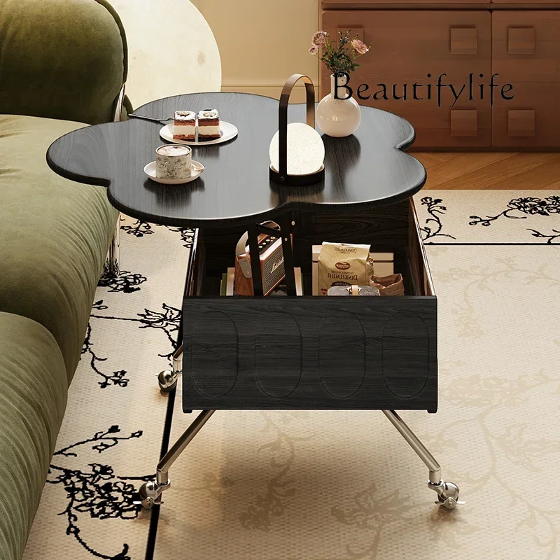 JJ Nordic Solid Wood Retro Lifting Mobile Coffee Table Small Apartment Living Room Mid-Ancient Tea Table Petals Side Table