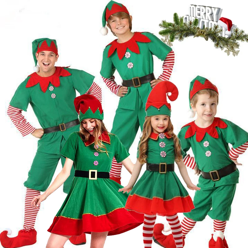 Christmas Elf Family Costume Role Playing Outfit Santa Claus Green Cosplay Halloween Fancy Party Costume For Men Women Girls Boy