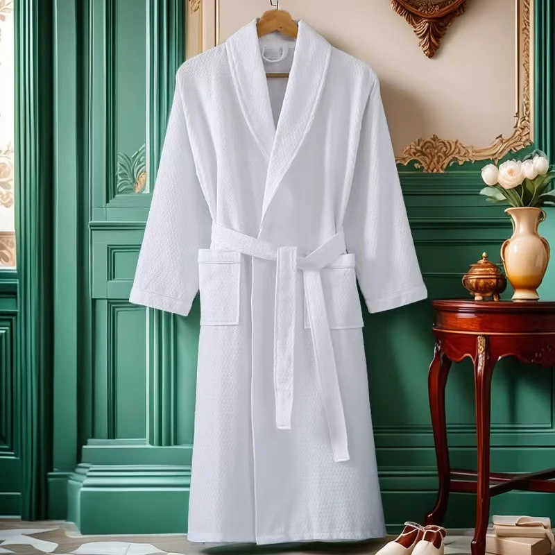 

100% Cotton Long Bath Robe Kimono Men Full Sleeve Light Weight Waffle Towel Bathrobe Sleepwear Women Dressing Gown Casual
