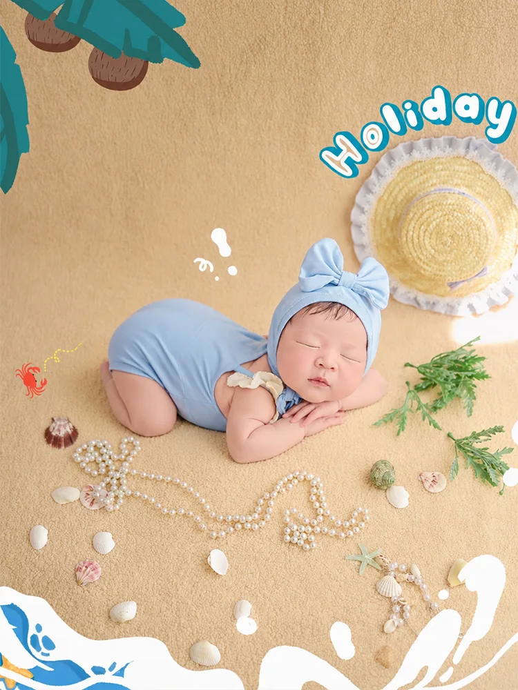 newborn-beach-themed-photography-props-baby-girl-beach-style-photo-outfit-set-straw-hat-decor-props-for-baby-full-month-shooting