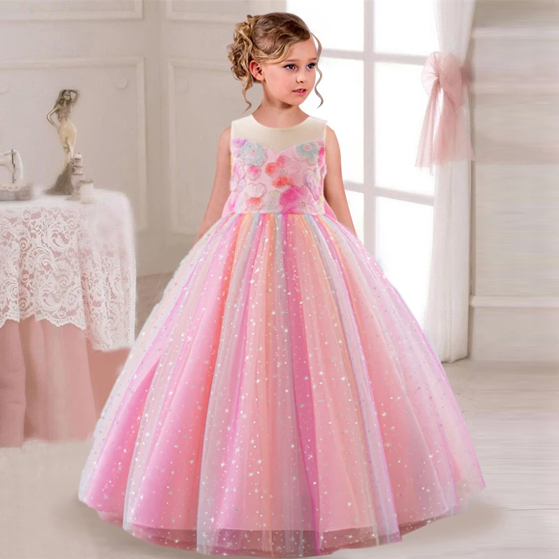 New Girls' Pearl Sequin Princess Dress 4-12 Years Old Bow Long Puffy Dress Banquet Host High end Flower Girl Evening Dress