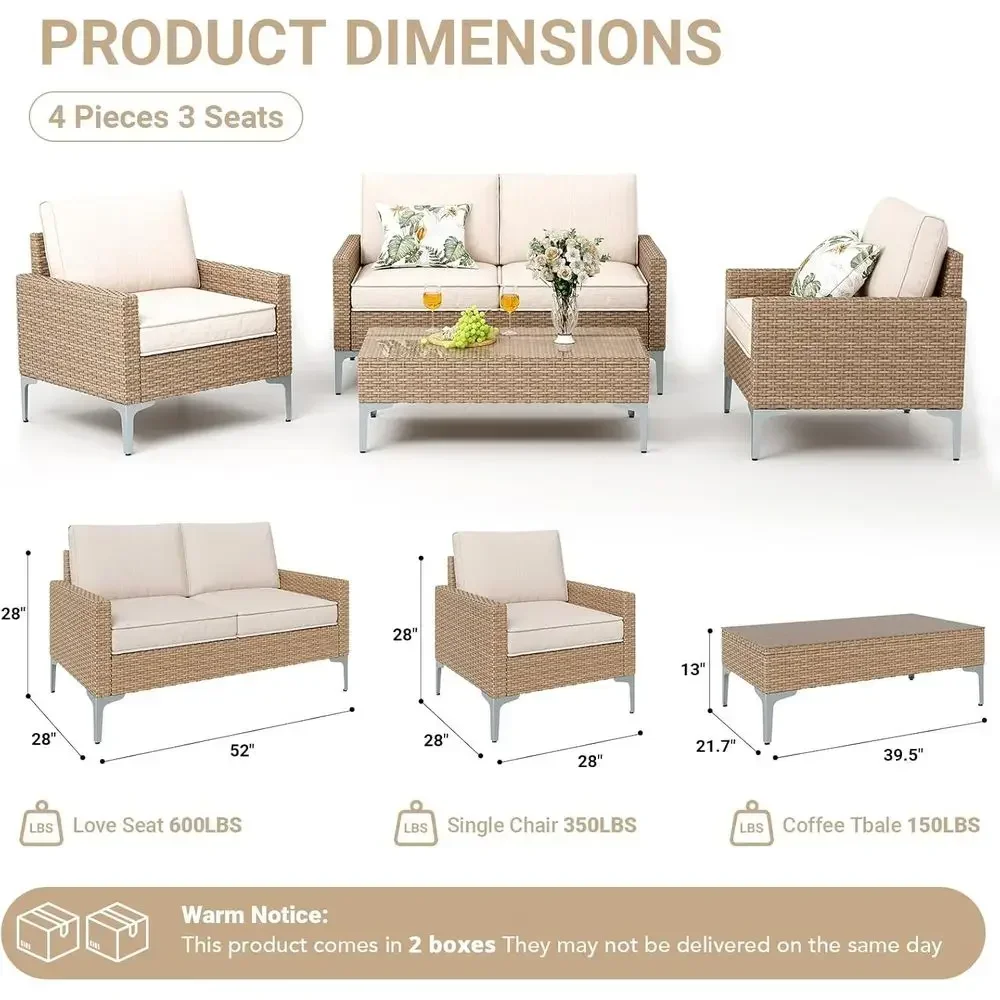 All-Weather Wicker Outdoor Sectional Sofa Set with Armrests and Tempered Glass Table, Perfect for Garden, Backyard, Poolside, De