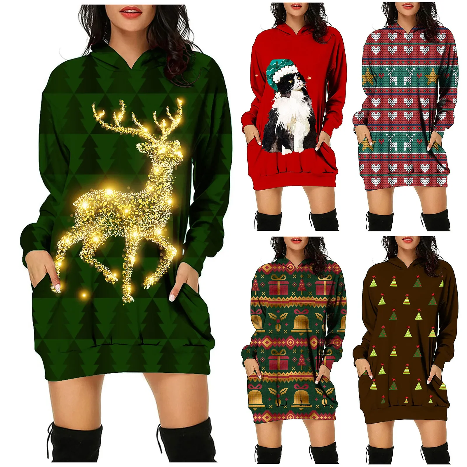 

Christmas Dress Women Elk Long Sleeve Dresses for Women Holiday Party Casual Hooded Mini Pullover Dress Vestidos de Fiesta