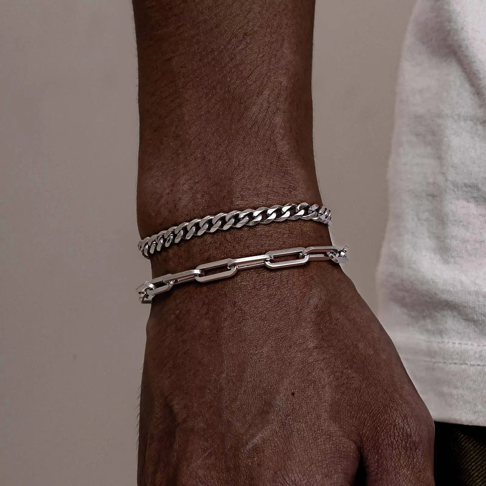 Punk Rock Stackable Stainless Steel Cuban Link Chain Bracelets for Men Women, Rectangular Paperclip Chain Bracelet Set
