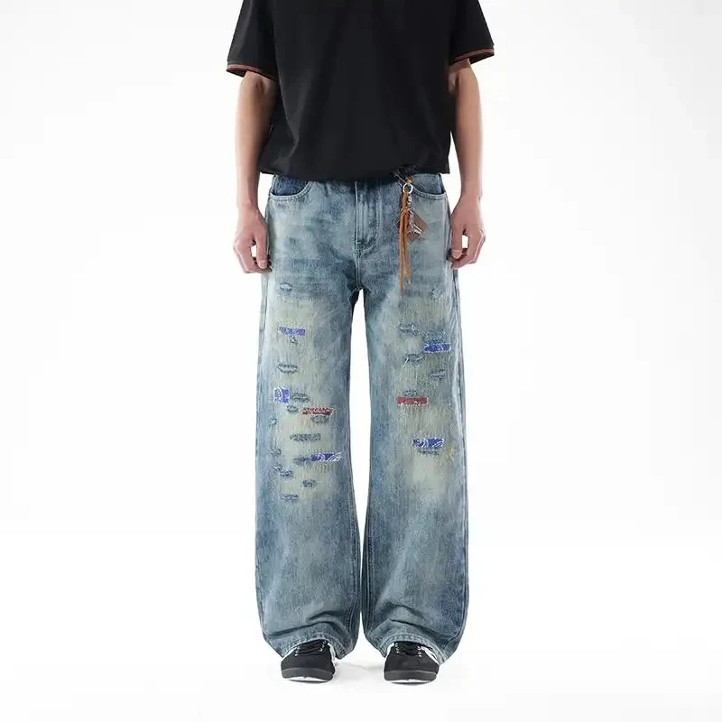 

Men's Retro Style Loose Denim Jeans with Holes, Vintage Washed and Worn Wide Leg Streetwear Pants, Casual Cotton Jeans for Daily