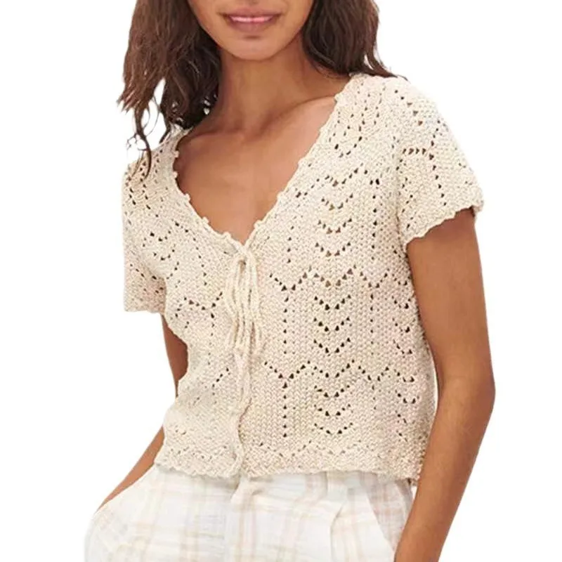 

2025 New Hollowout ort Sexy Navel Knitted Cardigan Women's Faion Polyester Fiber Five Sve Length Spring Season