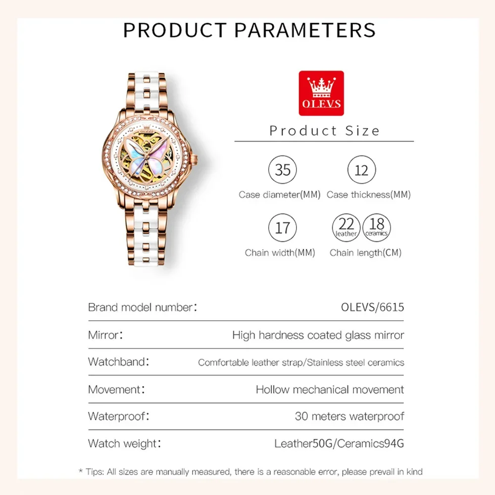 High Quality Mechanical Women Watch Ceramics Strap Elegant Ladies Skeleton Wristwatch Reloj Mujer Waterproof Watches for Women
