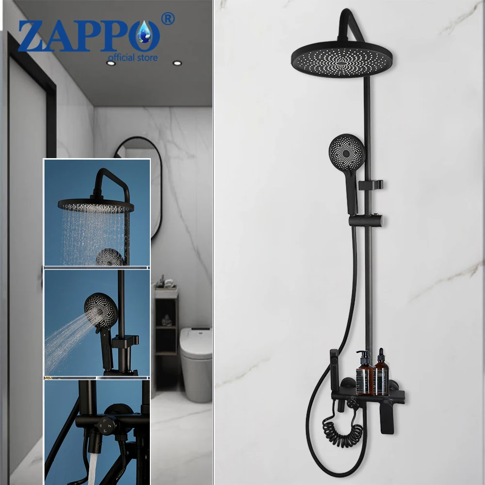 ZAPPO Bathroom Black Shower Faucet Set  w/ Hand Sprayer 4 Function Shower Systerm Rainfall Round Shower Head Tub Mixer Bath