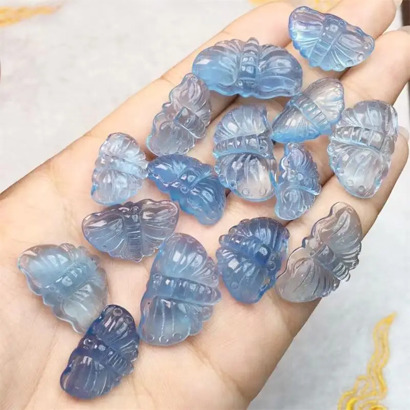 2PCS Natural Aquamarine Butterfly Carving Crystal Crafts Energy Gemstone DIY Pendant Healing Jewelry Gift 12-16MM