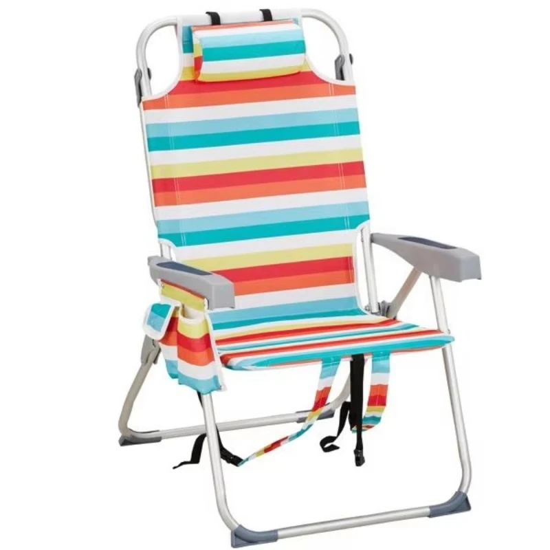 100Kg capacity rainbow striped Oxford cloth beach chair 63 * 70 * 99cm heightened aluminum tube bearing silver white beach chair