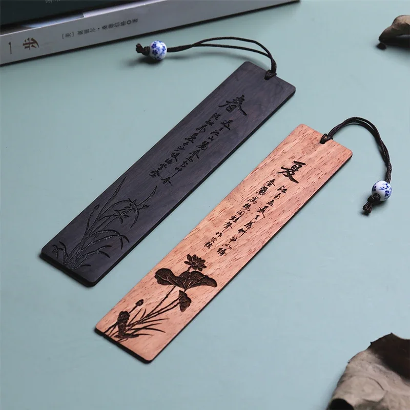 Retro Wooden Carving Four Seasons Bookmarks Chinese Style Ebony Book Clip Student Delicate Reading Tool School Stationery Supply