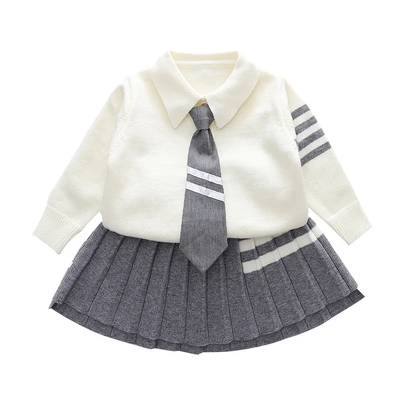 Infant Baby Girl Autumn Winter 2PCS Clothes Set Turn Down Collar Solid Knitted Sweater Tie Cotton Pleated Skirts Kid Girl Outfit