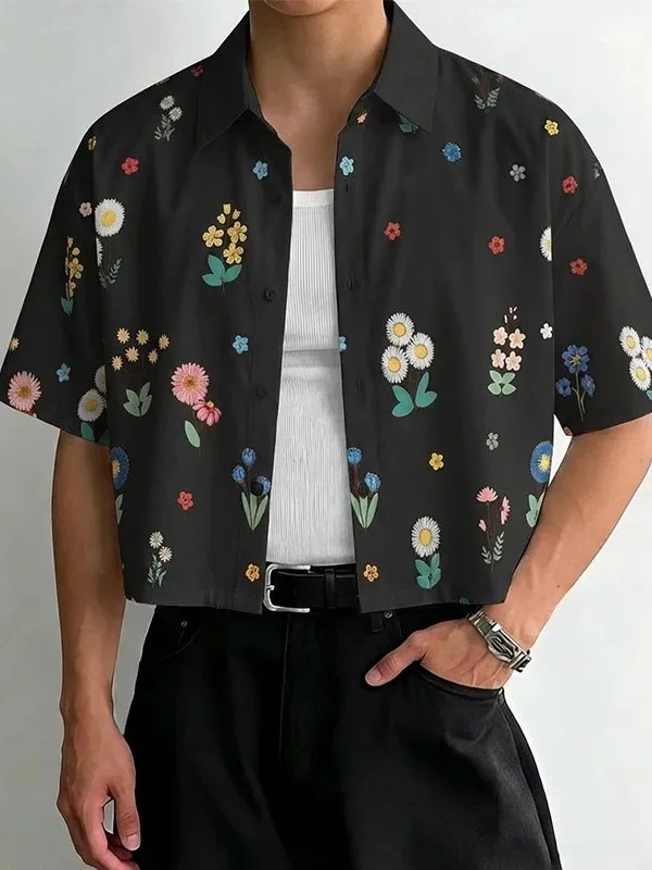 

Men's Fashion Loose Short Sleeve Shirt Full Print Casual Shirt Shoulder Drop Cuff Layering Shirt Polyester Fiber Summer Shirt