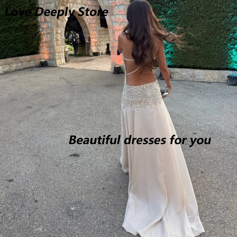 Customized Ivory Satin Mother Of The Bride Gown Spaghetti Strap Deep V Beaded Fringe Open Back A-Line Sweep Train Wedding Dress