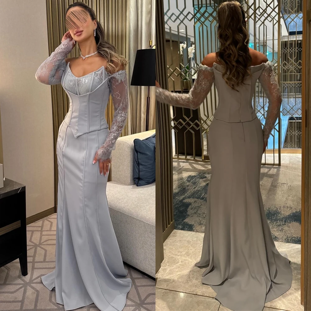 

Элегантное вечернее платье из синего джерси по индивидуальному заказу, вечернее платье с вырезом лодочкой и длинными рукавами, платья знаменитостей, мягкое прямое платье для выпускного со шлейфом